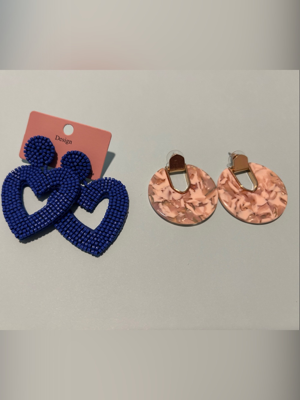 Blue Beaded Heart Drop Earrings & Pink Marbled Hoop Duo - Women Accessories